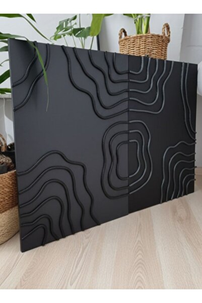 TwinRoots Dokulu Tablo –İkili Siyah El Yapımı 3 Boyutlu Alçı Minimalist Doku,...