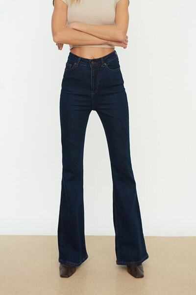 Livik Ikon Flare Lycra Colorfast Dark Blue Wide Leg Jean High Waist Denim Tro...