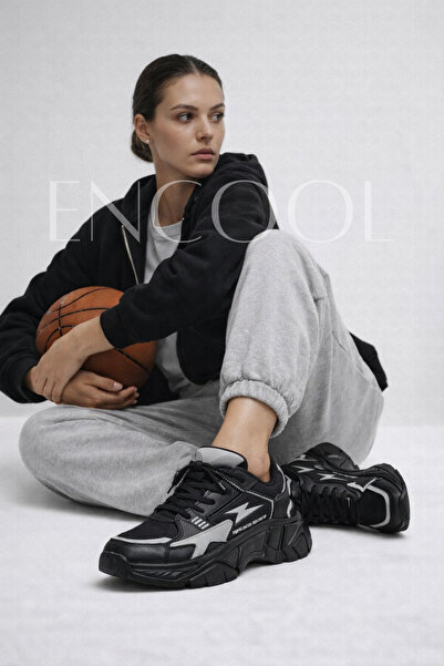 Encool Black Thick Soled Sneaker for Women |   Gray Detailed Lace-Up Casual S...