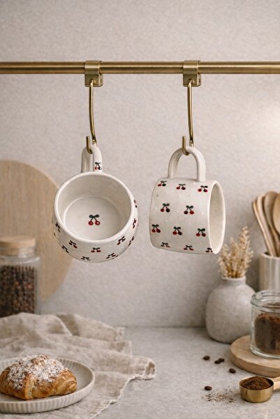 LEBLANC BOUTIQUE 2’li Kiraz Desenli Seramik Kahve Fincanı Kupa Seti Handmade ...