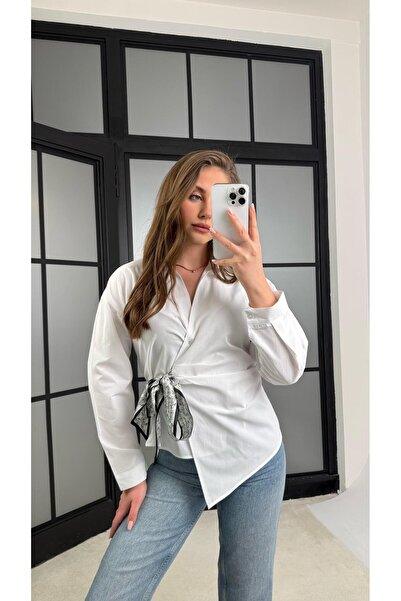 Gaus Beyaz Bel Bağlama Detaylı Fularlı Tasarım Gömlek GAUS-01173