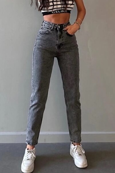 LİMABEL Mom Jeans Smoked Snow Wash Mom High Waist Denim Pants Lycra Colorfast...