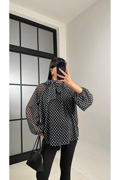 Gaus Siyah Puantiyeli Şal Detaylı Şifon Gömlek GAUS-01108