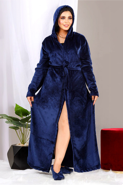 AsrymShop Long winter robe, light velvet, navy blue