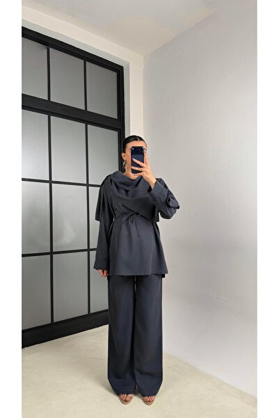 Gaus Antrasit Şal Detaylı Belden Kuşaklı Beli Lastikli İthal Kumaş İkili Takı...