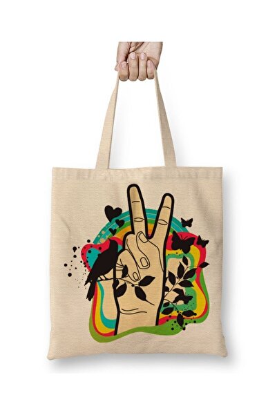Toyaso Peace Love Peace Sign Geantă de pânză albă Geantă de cumpărături cu mâ...