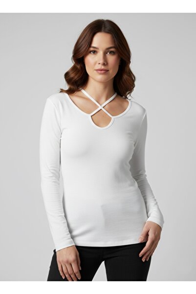 Linich&Co Ecru Cross Band Detailed Window Collar Long Sleeve Blouse