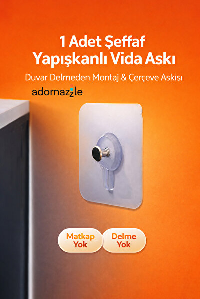 adornazzle 1 Adet Şeffaf Yapışkanlı Vida Askı, Duvar Delmeden Montaj, Çerçeve...