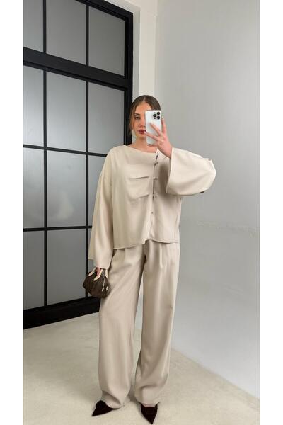 Gaus Taş Asimetrik Yaka Yan Düğme Detaylı Gömlek Beli Lastikli Pantolon Tence...