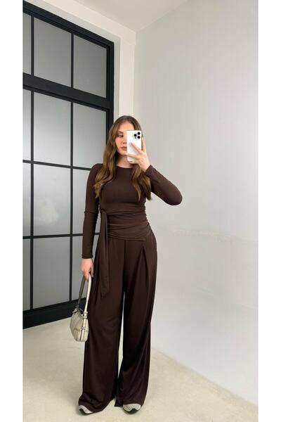 Gaus Kahve Bağlama Detaylı Bluz Beli Lastikli Pantolon Sandy Takım GAUS-01145