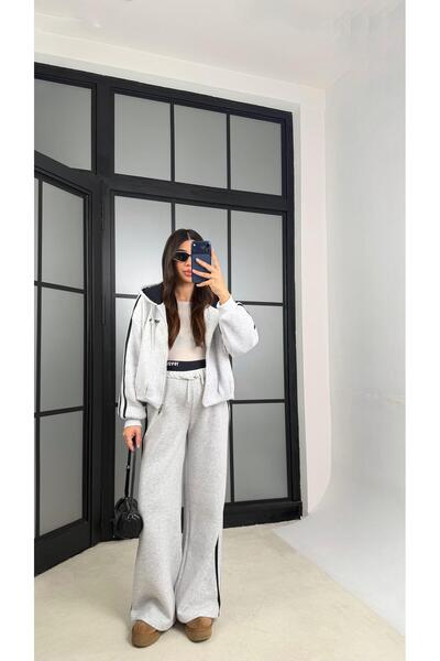 Gaus Gri Lacivert Şerit Detaylı Hırka Beli Lastikli Eşofman Şardonlu Takım GA...