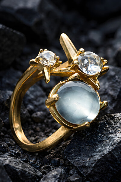 NBS Beautiful Naturel Stones Kadın Gold Yüzük Modern Taşlı Pirinç Kaliteli Ay...