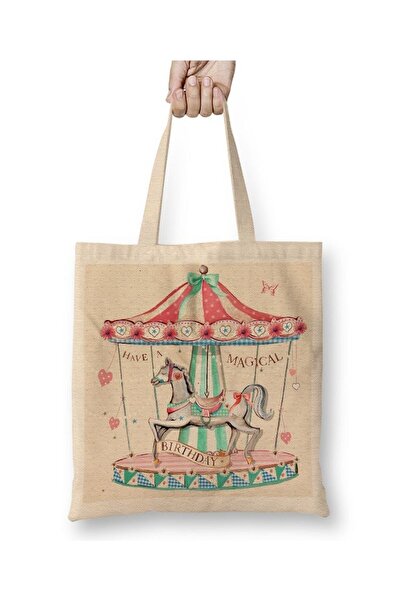 Toyaso Carousel White Tote Bag Long Handle Shopping Bag Beach Bag