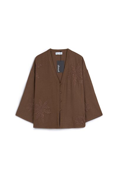 praye Κεντημένο κιμονό με κουμπιά σε καφέ χρώμα