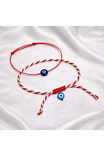 Femenino Çift Nazar Boncuklu Kırmızı İpli Marteniçka Bileklik Set Kartlı