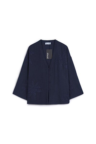 praye Embroidered Buttoned Kimono Navy Blue