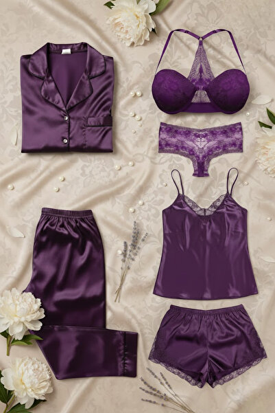 ZENCHES Kadın 6 Parça Çeyiz Seti Mor-Saten Şortlu Gecelik,Saten Pijama Takımı...
