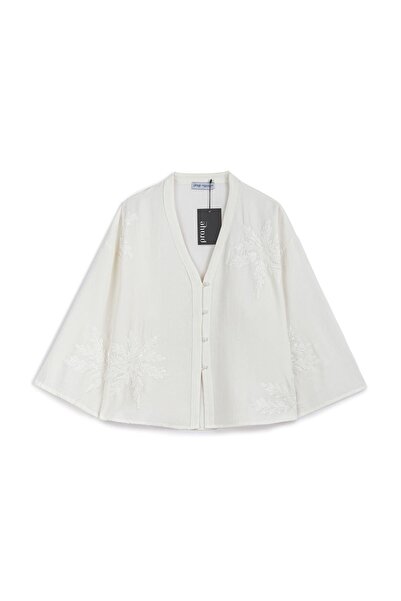 praye Embroidered Buttoned Kimono Ecru