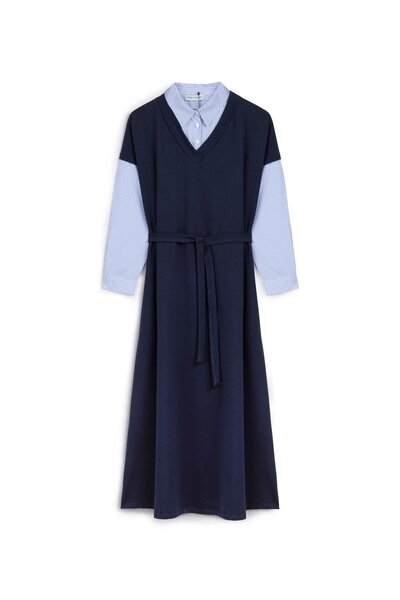 praye Shirt Detailed V-Neck Dress Navy Blue