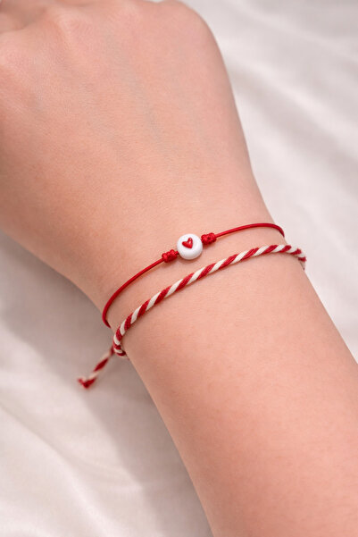 Femenino Heart Marteniçka Red and White Rope Bracelet with Card