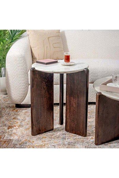 Generic Marble And Wood Side Table Dia 50* Ht: 55 Cm