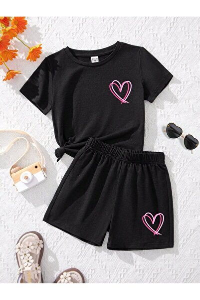 Kids Summer Heart Pink White Heart Printed Girls' Black Bottom-Top Shorts T-S...