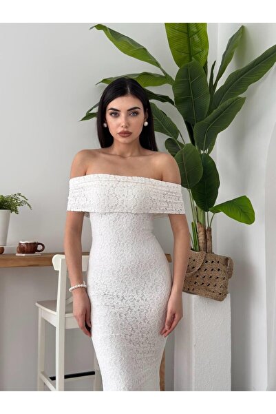 Masspera Kadın Madonna Yaka Astarlı Dantel Maxi Elbise Düğün Nişan Nikah Elbi...