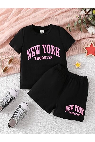 Kids Summer Pink New York Brooklyn Printed Girls' Black Top and Shorts T-Shir...