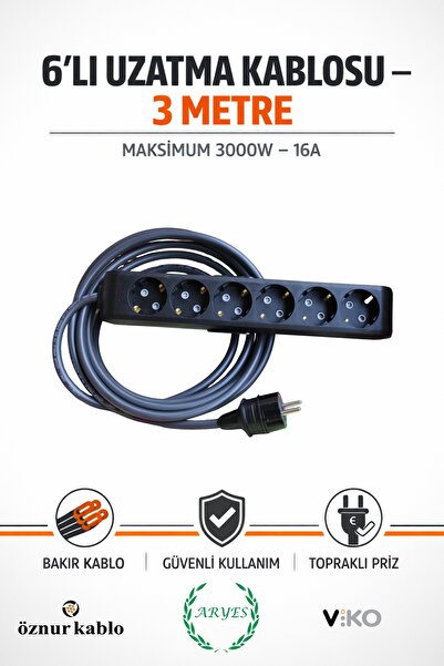 Aryes 6’lı Uzatma Kablosu 3 Metre 3x2.5 TTR Tam Bakır Topraklı Priz 3000W Day...