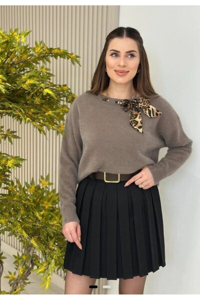 Kanonik Education Women's Leopard Pattern Flar Detail Crew Neck Knitwear Sweater