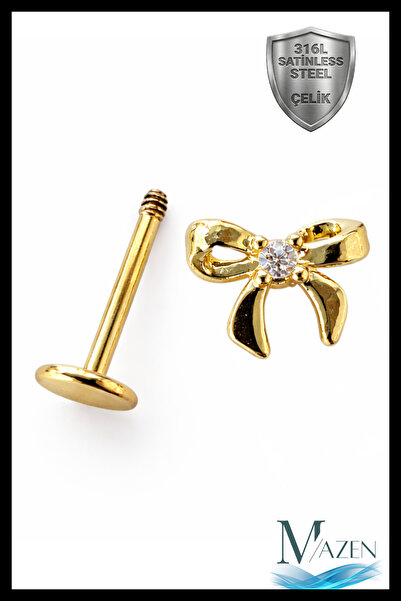 MAZEN Fiyonk Taşlı Tragus Helix Piercing | 316L Çelik | Vidalı Flat Back | Gold