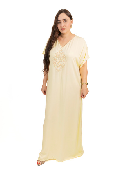 LINELLE Yellow Jalabiya with Embroidered V-Neck