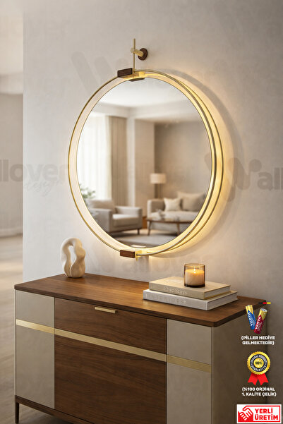 Wallover Design XL Boy Layra Bej/Ceviz Ledli Ayna Kablosuz Pilli Ledli Ayna -...