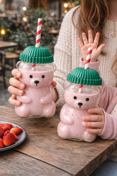 BUCOLIC Bear Glass Cup with Lid and Straw & Cup with Teddy Bear – 550 ml