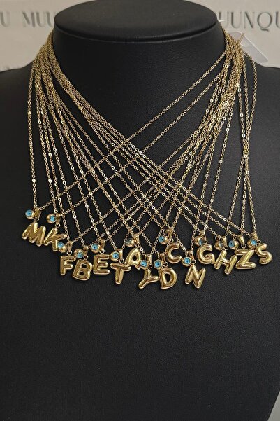 GÜLNAR BİJUTERİ قلادة حرفية على شكل بالون - حرف M - فولاذ ذهبي مع خرز العين ا...