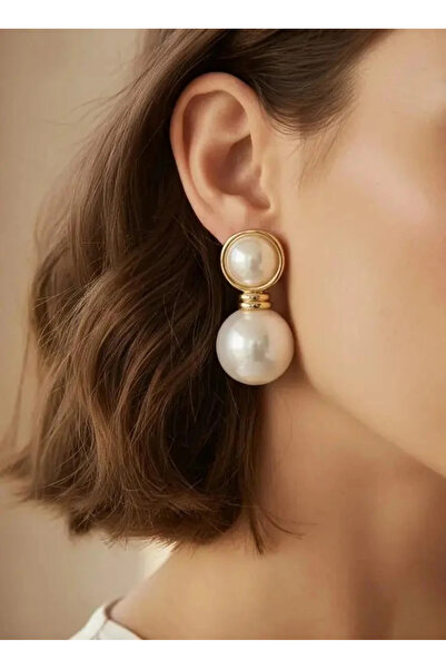 Dorvina Brass White Color Gold Detailed Shimmering Pearl Vintage Women's Earr...