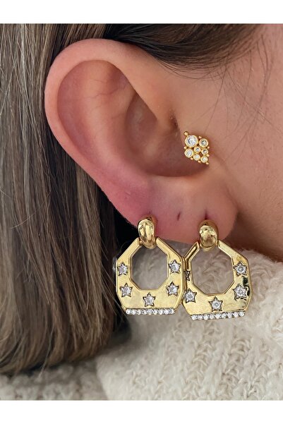 Pinery Jewels Yıldız Zirkon Taşlı Sallantılı Kadın Küpe Çifti