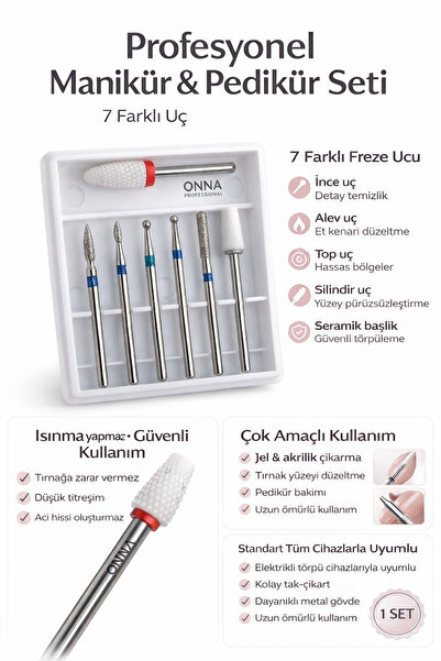 ONNA PROFESSIONAL 7’li Manikür Pedikür Freze Uç Seti | Seramik & Metal Başlık...