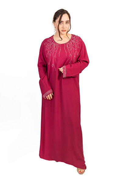 LINELLE Wine Red Cotton Rayon Jalabiya with Stone Embellishment