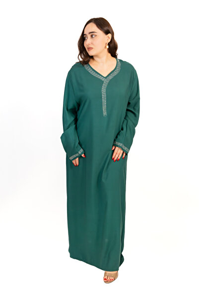 LINELLE Green Cotton Rayon Jalabiya with Silver Stone Detailing