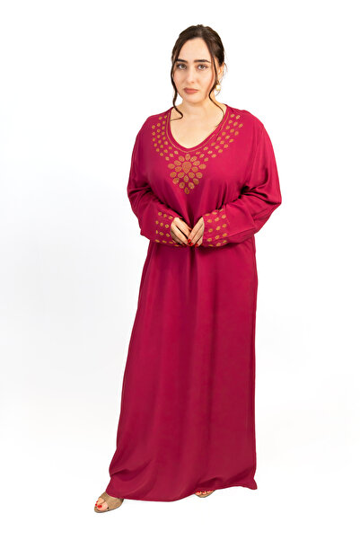 LINELLE جلابية حمراء داكنة بتفاصيل من الأحجار الذهبية