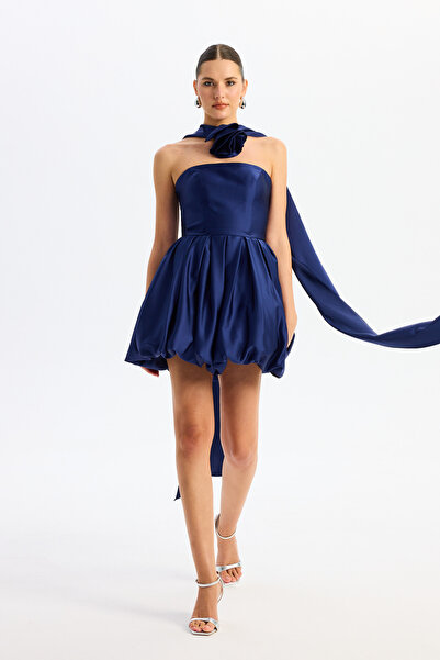 Carmen Navy Blue Balloon Skirt Satin Evening Dress with Roses