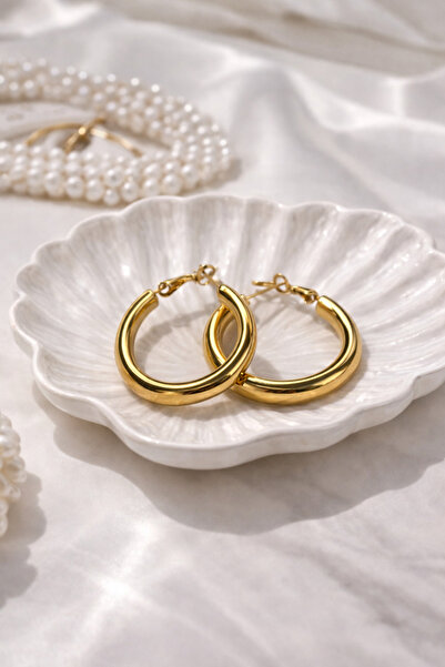 Çelik Kalın Form Altın Renk Halka Küpe-Günlük-316L