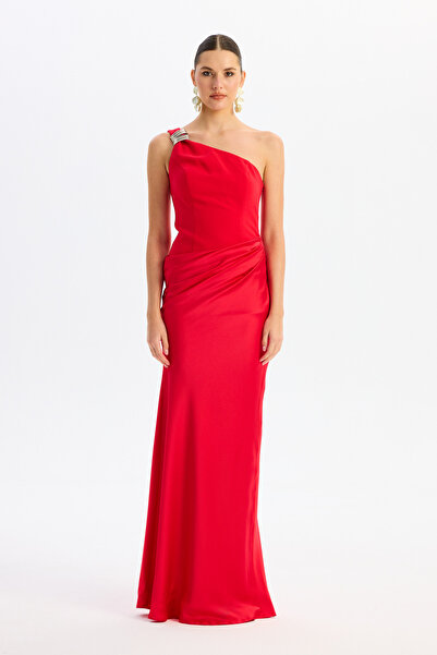 Carmen Kırmızı Üstü Krep Altı Saten Abiye Elbise