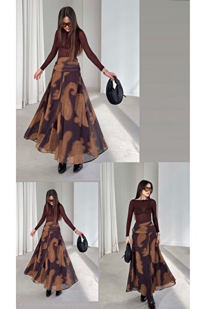 Hilals Butik Desenli Drapeli Pileli Yüksek Bel Kahverengi Etek