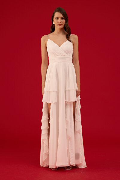 Carmen Beyaz Askılı Yırtmaçlı Şifon Dış Çekim Elbisesi