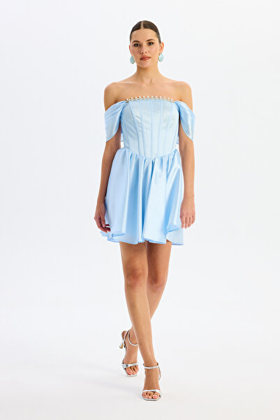 Carmen Bebe Mavi Düşük Kol Organze Abiye Elbise