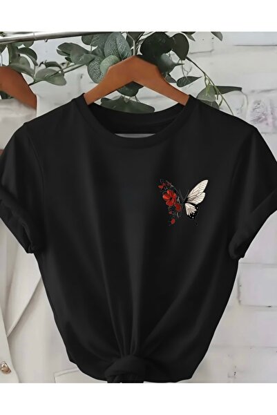FUFLUNS ÇİÇEK KELEBEK CEP BASKILI OVERSİZE KADIN T-SHİRT