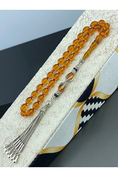 Tesbih Store Blok Zar Kehribar Tesbih Özel Tasarım Gümüş Kaplama Püskül