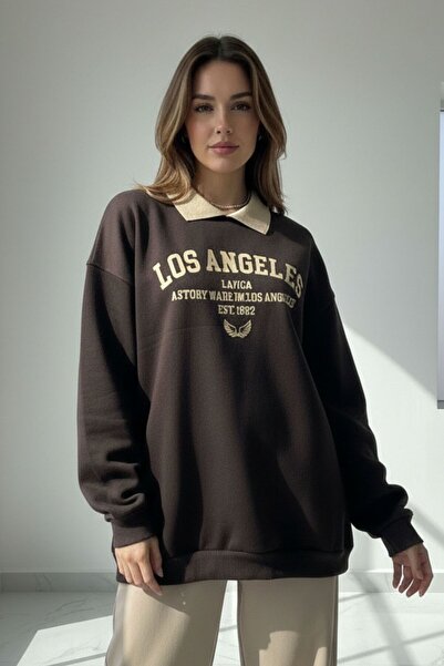 Mood Lab Triko Polo Yaka Los Angeles Kolej Baskılı Geniş Kesim Kahverengi Swe...